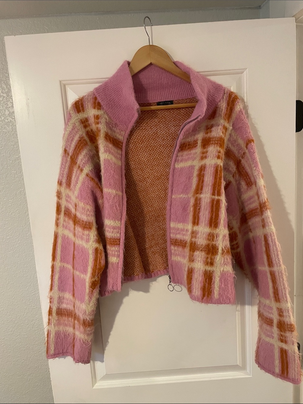 wild fable Pink Plaid Fuzzy Zip Cardigan with Cream & Rust Accents